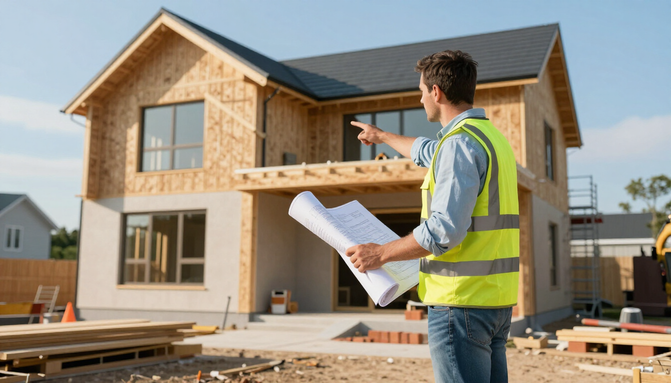 Manager reviews building plans at a new house while providing property management in Addis Ababa for residential owners.