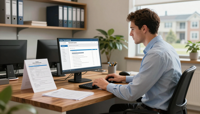 Manager reviews applicant records on a computer during property management in Addis Ababa for tenant screening services.