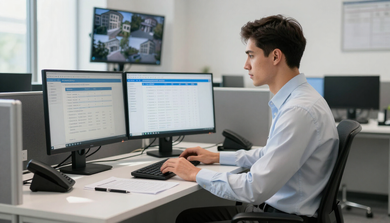 Manager checks rental records on office monitors during property management in Addis Ababa for tenant placement decisions.