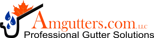 Amgutters.com logo with orange maple leaf, blue raindrop, and black roofline; “Professional Gutter Solutions” text