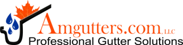 Amgutters.com logo with orange maple leaf, blue raindrop, and black roofline; “Professional Gutter Solutions” text