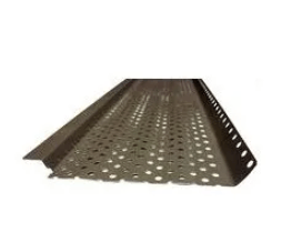 Perforated metal corner guard with flanged edges, viewed on a white background