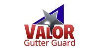 Valor Gutter Guard logo with red text, gray star, and blue roof shape