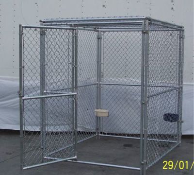 Empty chain-link kennel enclosure with a metal gate, outdoors on concrete.