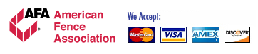 AFA American Fence Association logo with accepted payment card logos: MasterCard, Visa, AmEx, and Discover.
