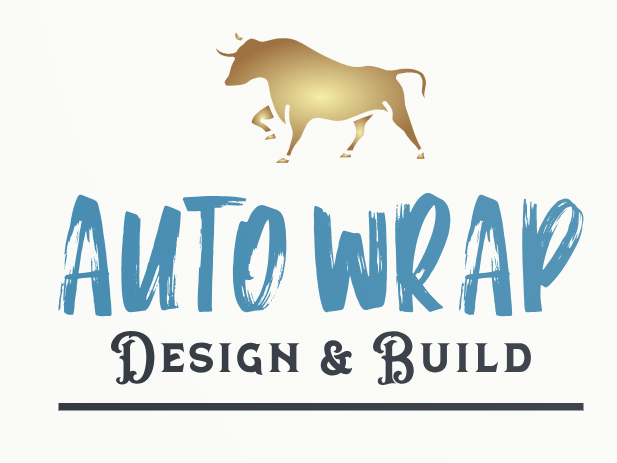 Logo: Gold bull above teal "AUTO WRAP" and "DESIGN & BUILD" with a black underline.