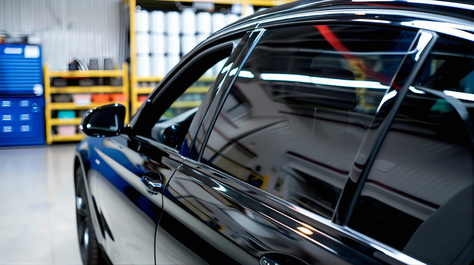 Black car in a garage, showing a close-up of the side windows and body reflection.