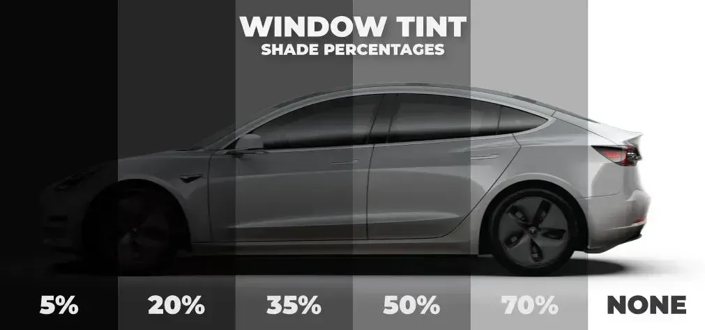 Car with window tint shade percentages from 5% to none shown across side-view silhouette