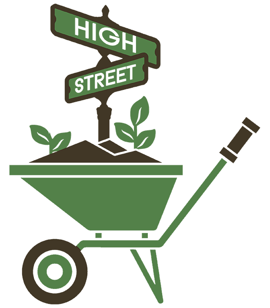 High Street Garden logo: a wheelbarrow with two street signs showing High Street