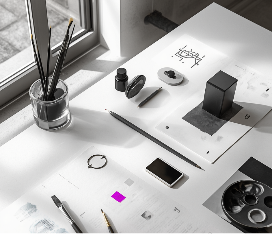 Creative workspace with ink, brushes and paper