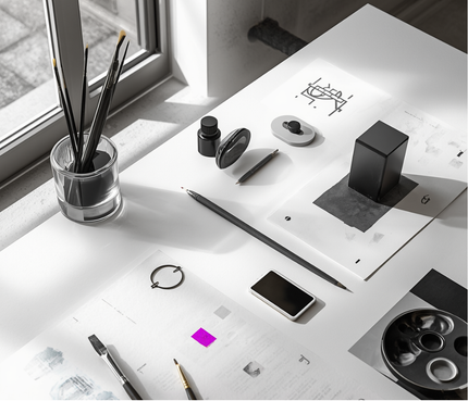 Creative workspace with ink, brushes and paper