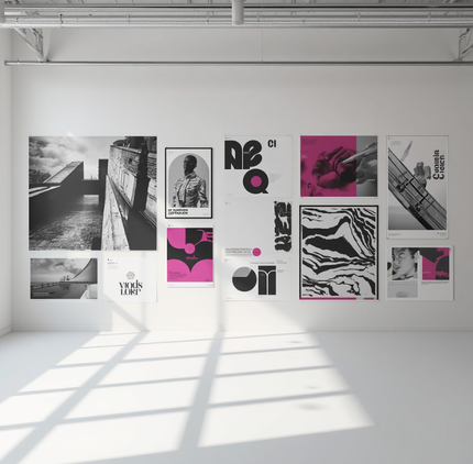 Artistic posters with geometric shapes displayed on a wall