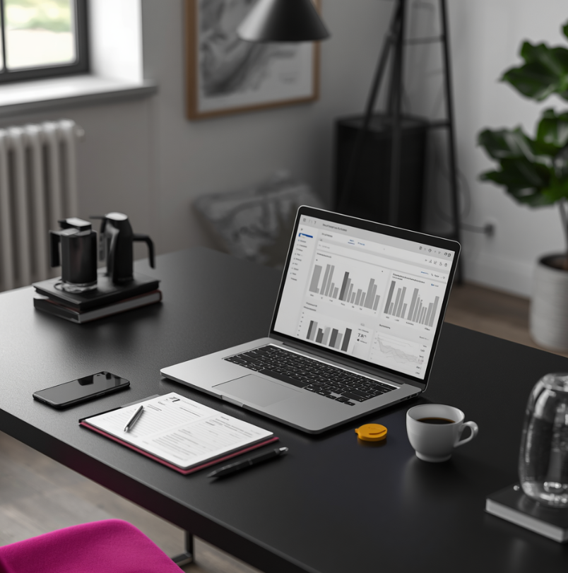 Laptop displaying a graph on a desk with coffee, phone and papers