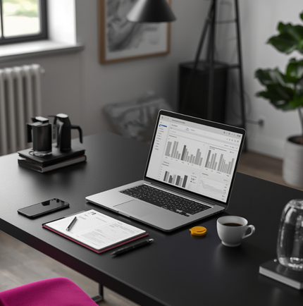 Laptop displaying a graph on a desk with coffee, phone and papers