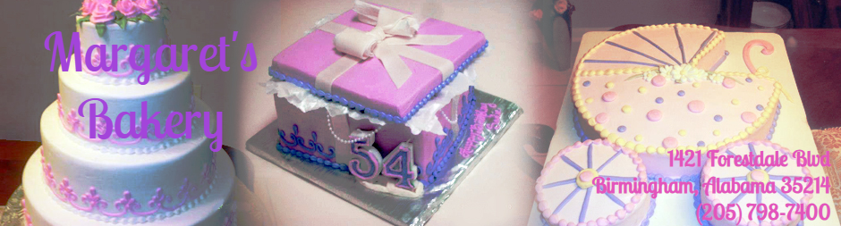 Three purple-and-pink decorated cakes with gift bows and celebratory text overlay