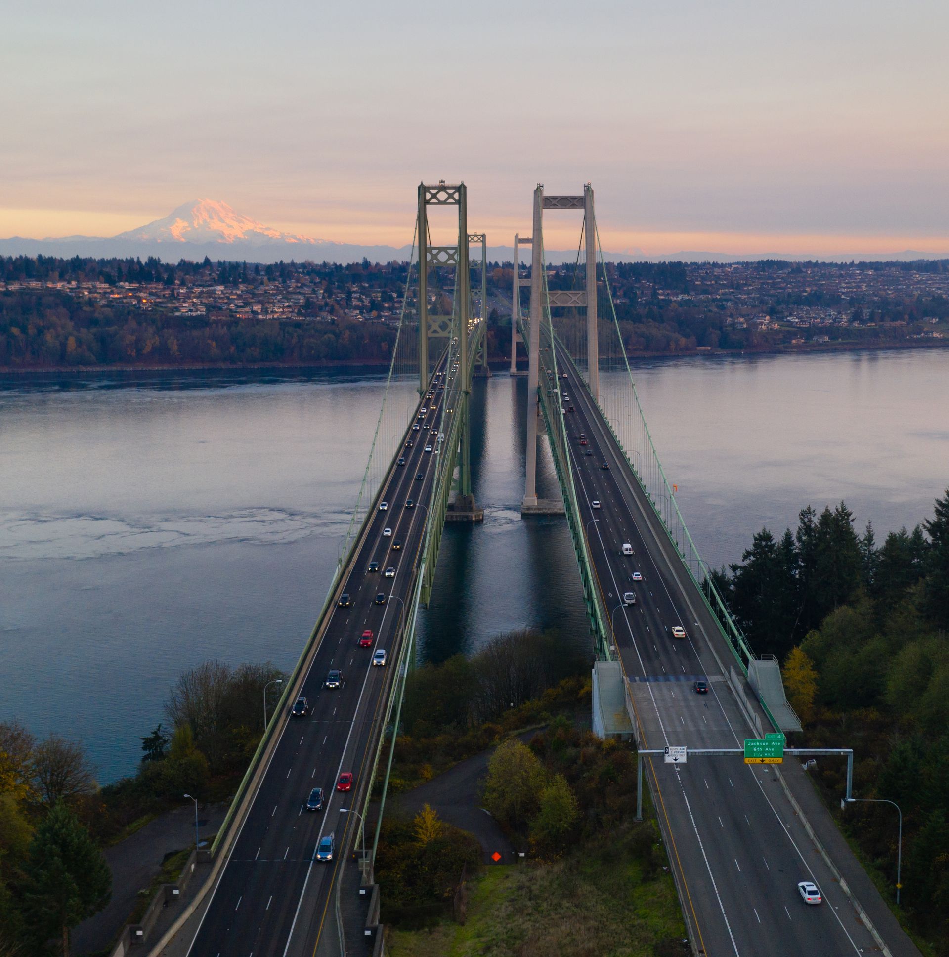 Scenic aerial view of the Tacoma Narrows Bridge near Port Orchard, WA.