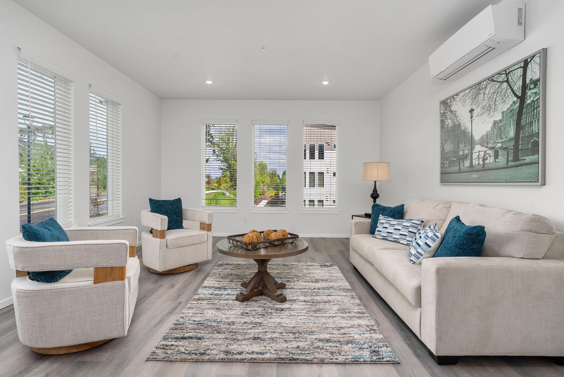 Living room with blue accents at Blueberry Apartments Port Orchard rentals