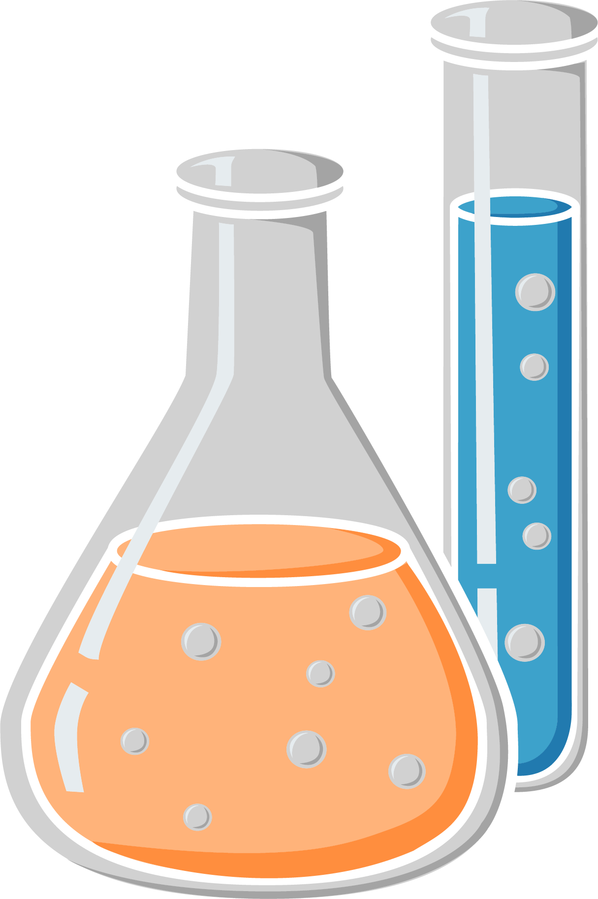 Beakers with orange and blue liquid.