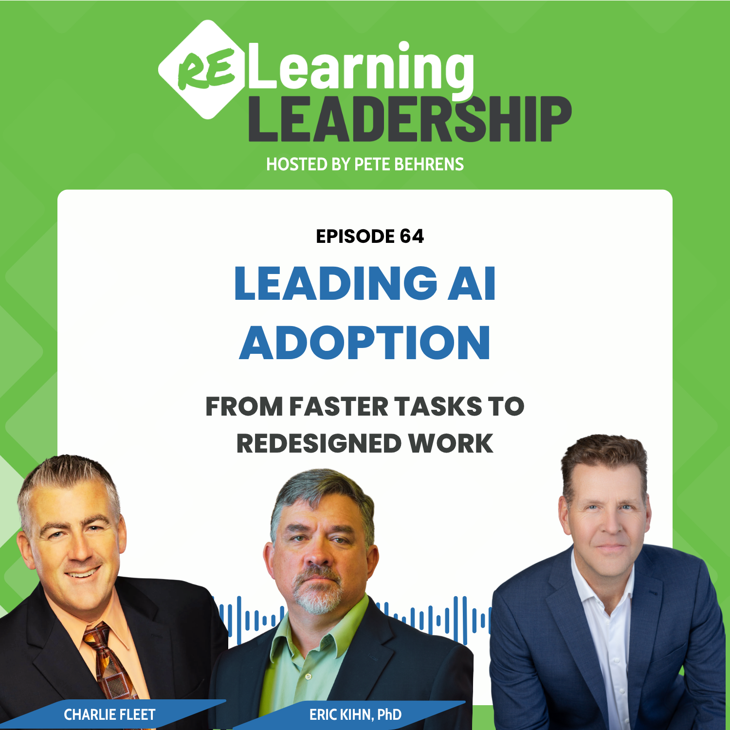 Podcast cover for ReLearning Leadership: episode 64, “Leading AI Adoption,” with three host portraits on green and white background