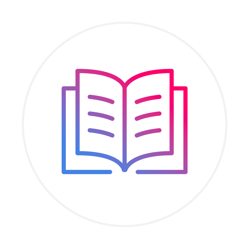 A purple and blue icon of an open book in a circle.