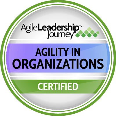 A badge that says agile leadership journey agility in organizations certified