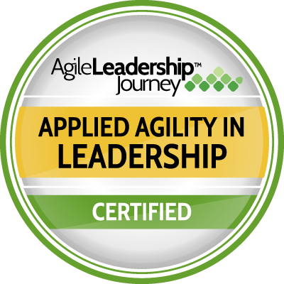 A badge that says agile leadership journey applied agility in leadership certified