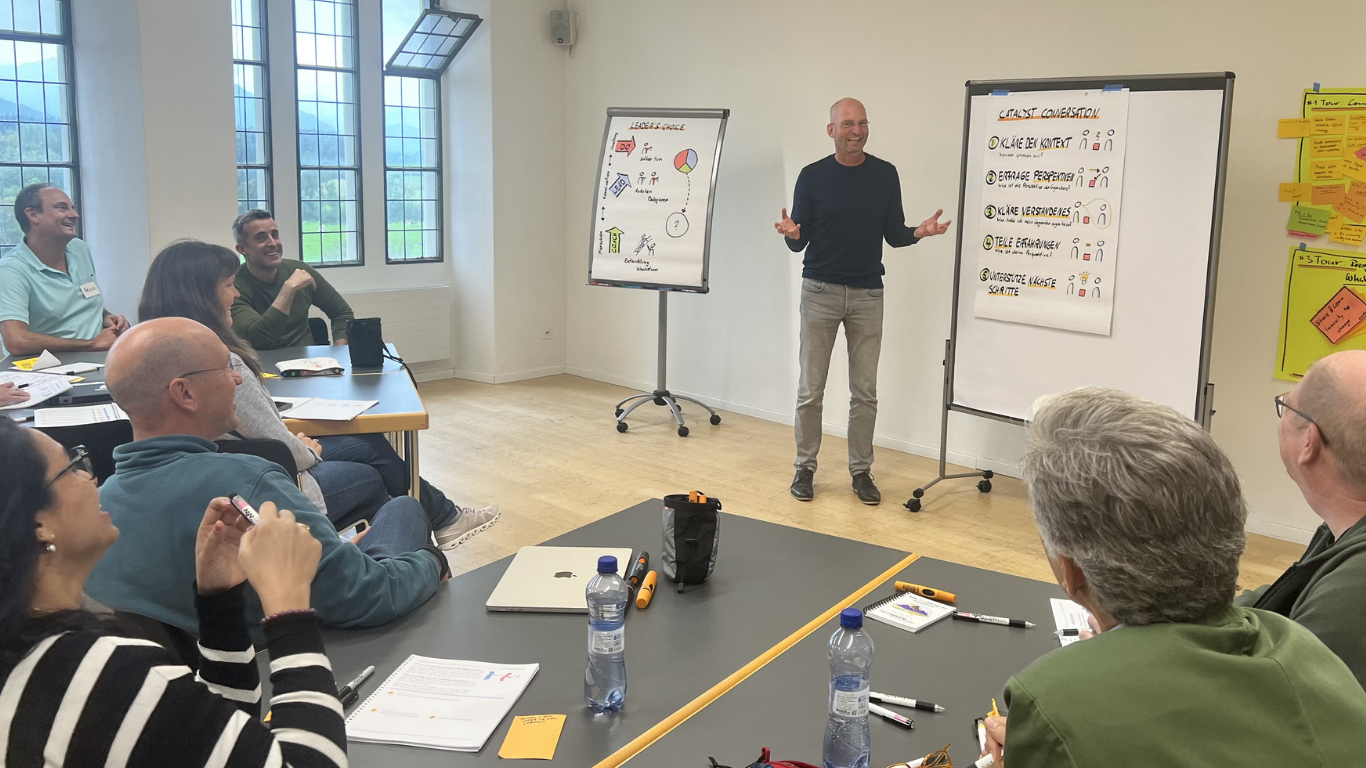 Teaching the Catalyst Conversation framework at a leadership communication workshop in Zurich.