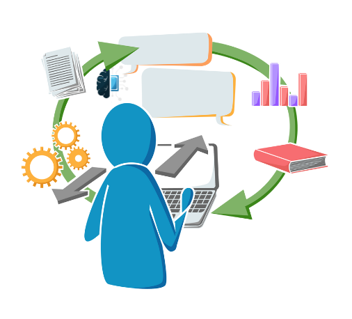 Blue leader at computer with arrows, gears, books, and charts showing a workflow cycle with artificial intelligence