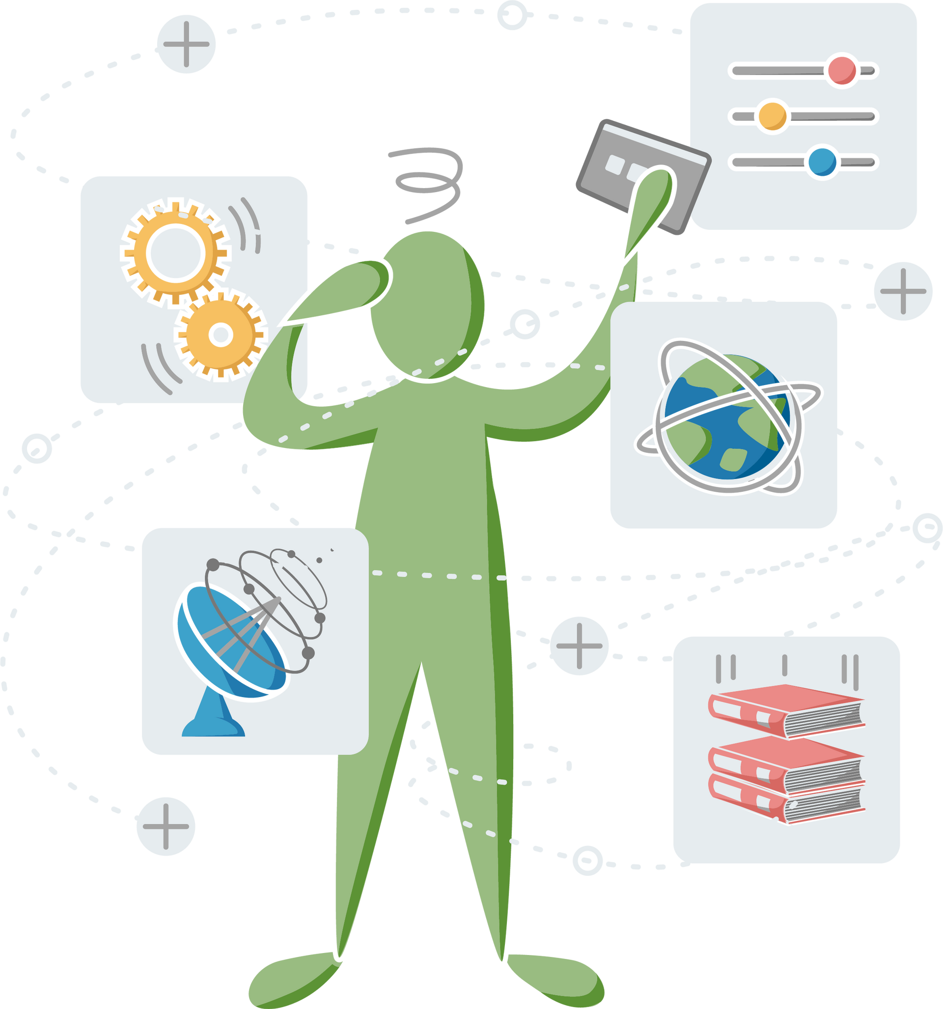 A green stick figure appears overwhelmed by surrounding icons representing gears, a globe, a satellite dish, data, and settings.