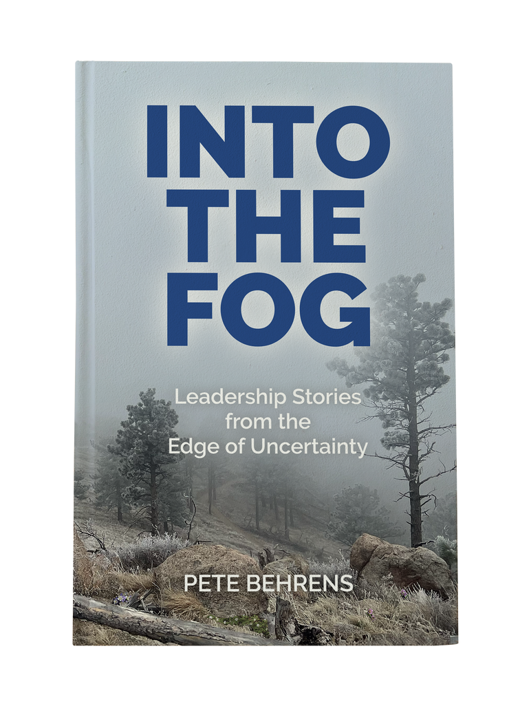 Click to Purchase The cover of a book titled into the fog leadership stories from the edge of uncertainty by Pete Behrens.