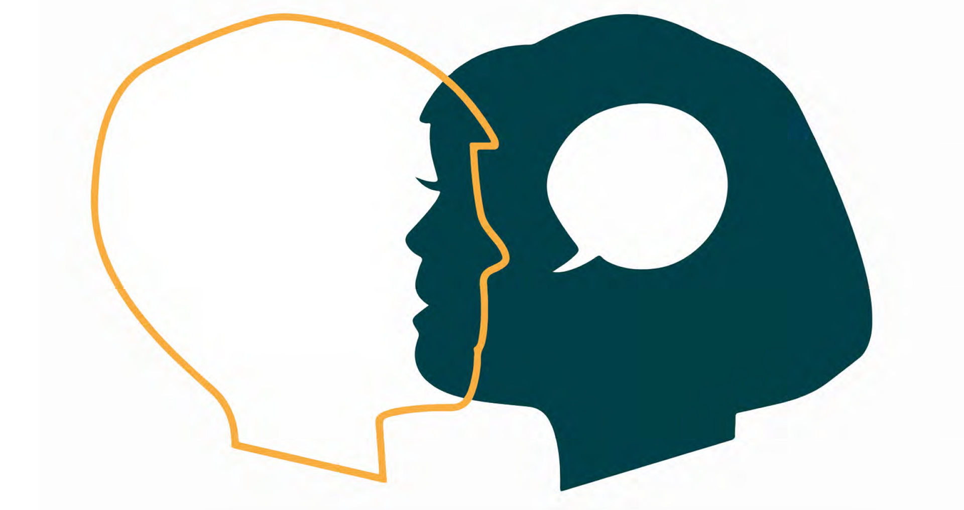 A yellow outline of a head in silhouette and a solid teal head with a white talk bubble inside