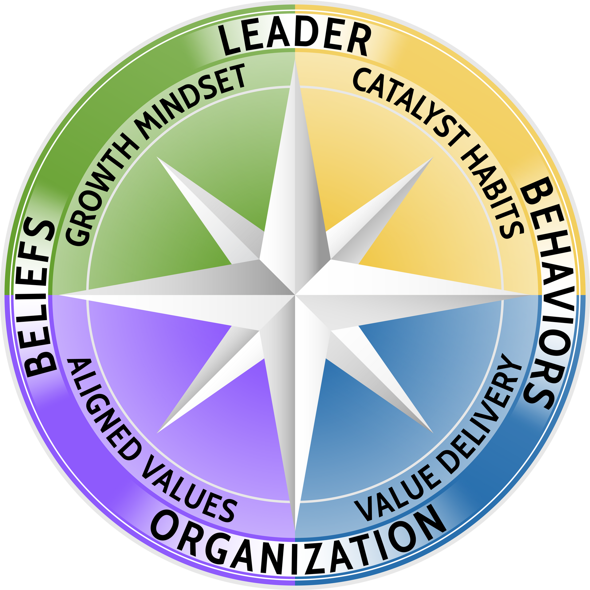 A compass with the words leader catalyst habits beliefs aligned values organization value delivery and behaviors