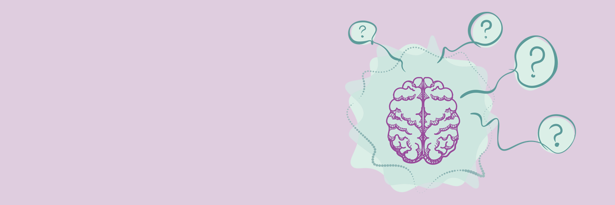 A line drawing of a brain, surrounded by a cloud of fog. Question marks radiate around the edges.
