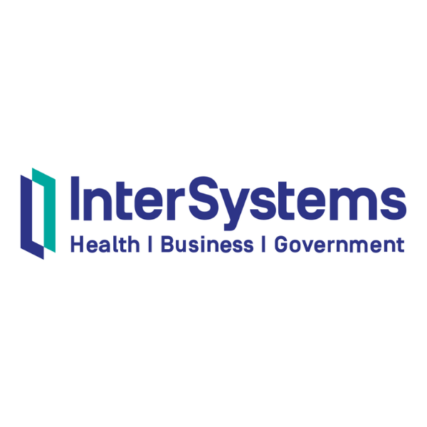 Logo for InterSystems, blue text and abstract logo in teal and blue.