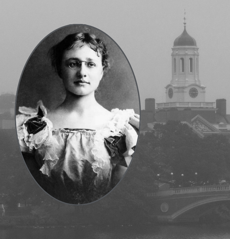 Mary Parker Follett at her graduation from Radcliff with a background of Boston