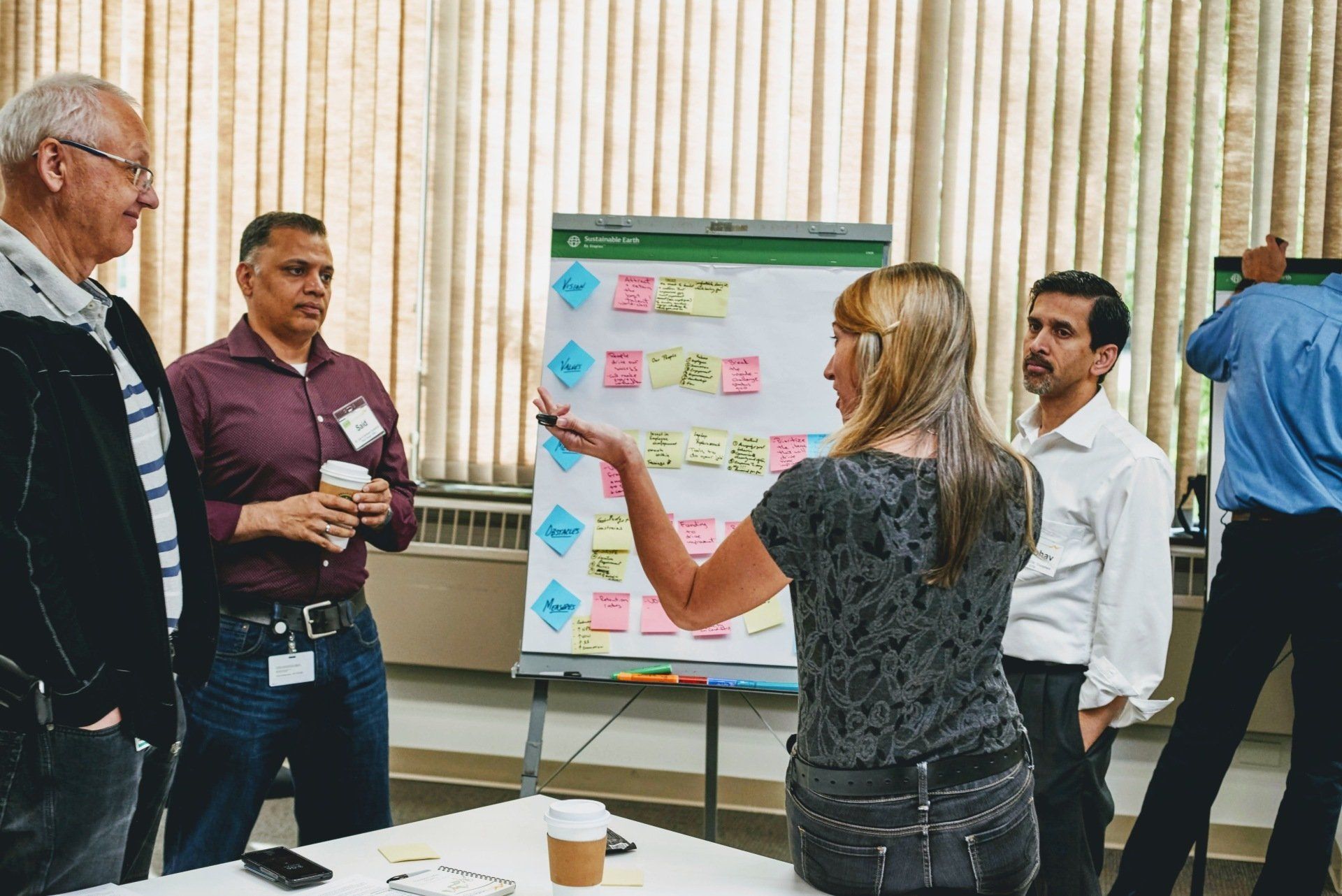 A group of people are standing around a table looking at a whiteboard with sticky notes on it.
