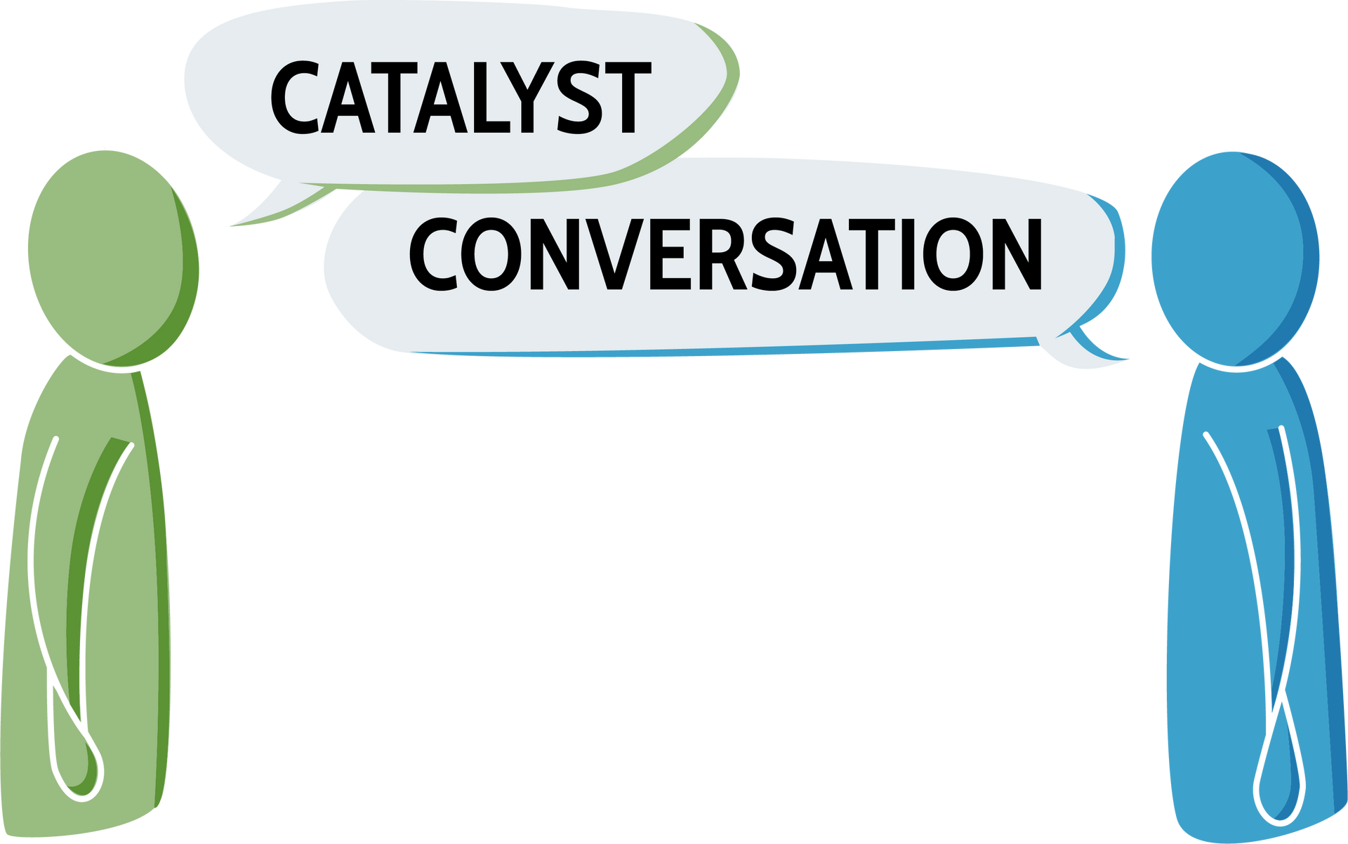 Visual representation of a Catalyst Conversation. Two illustrated figures, a green leader and a blue team member, stand opposite each other with overlapping speech bubbles that read