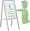 Green figure pointing to a whiteboard with overlapping circles and lines.