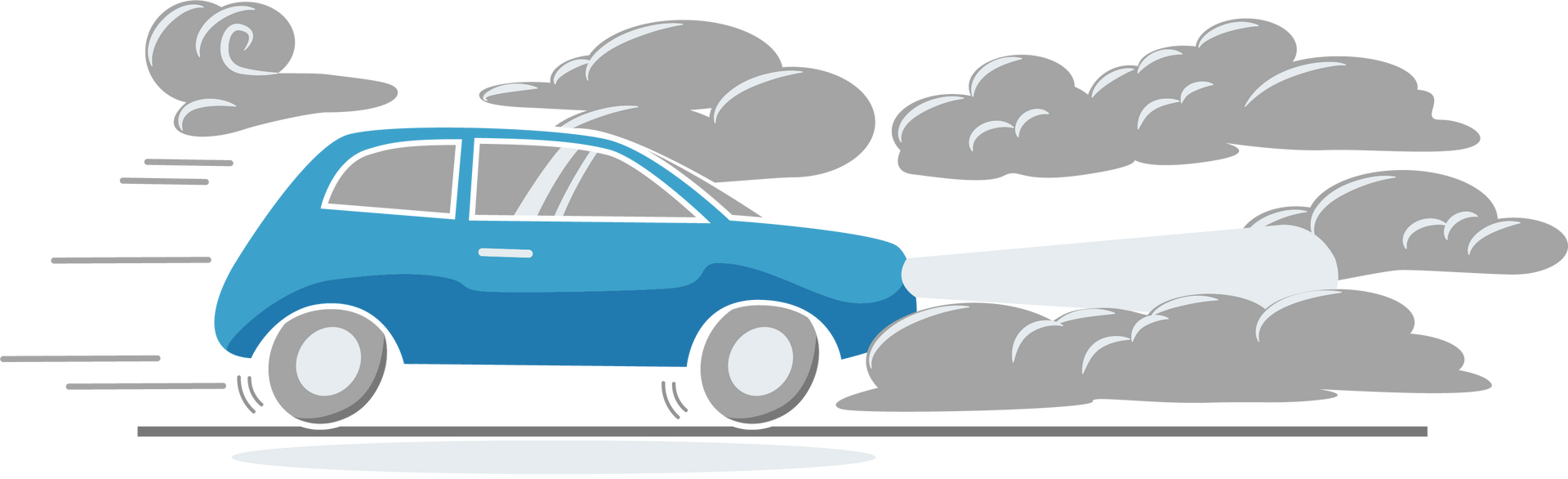 A blue car is driving through a cloudy sky.