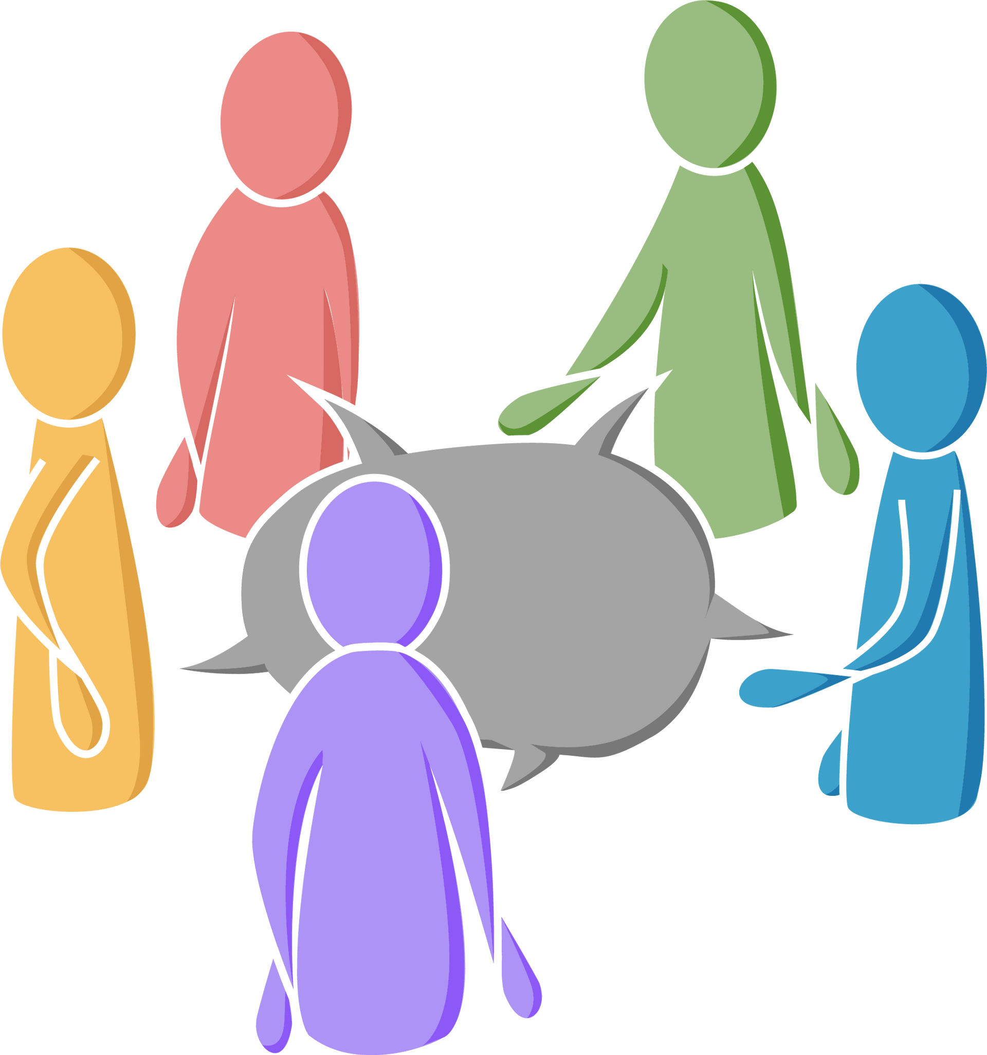 Five colorful people icons standing in a circle around a gray speech bubble representing leaders in a learning cohort.