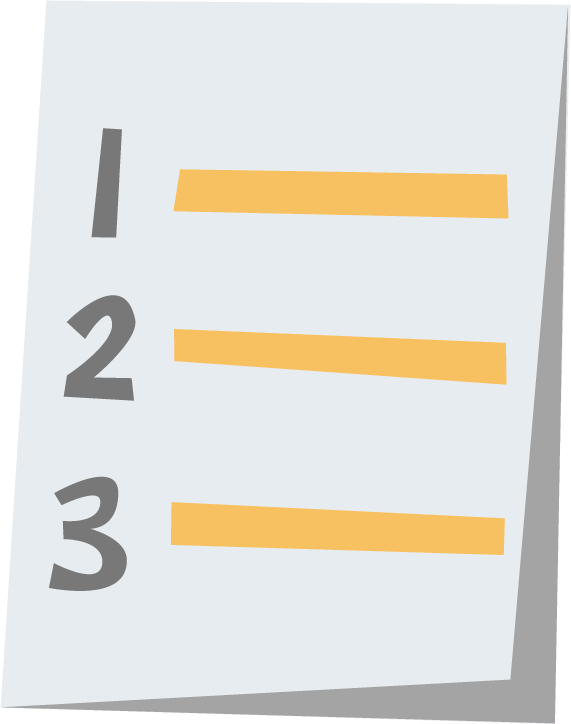 Numbered list with 1, 2, 3 and three orange horizontal lines on a tilted white page.