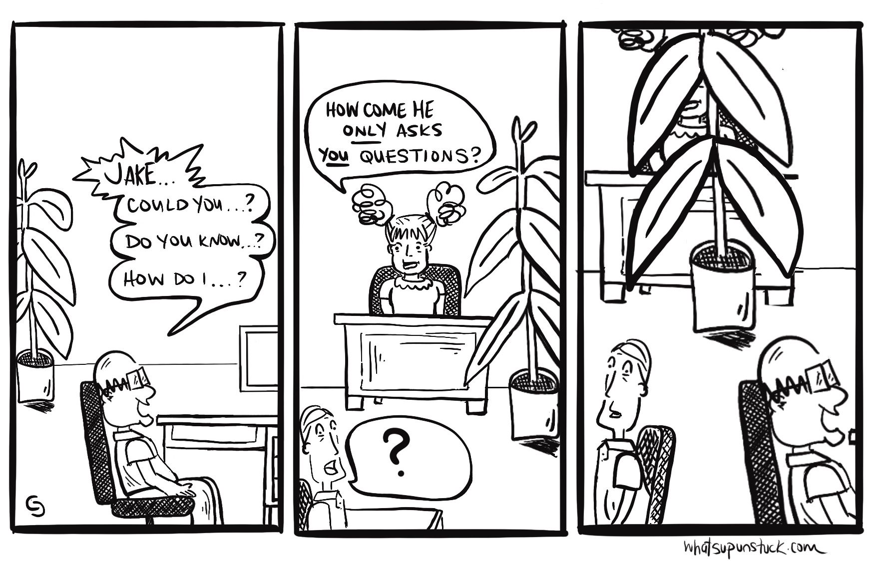 A black and white cartoon of a man sitting at a desk talking to another man.