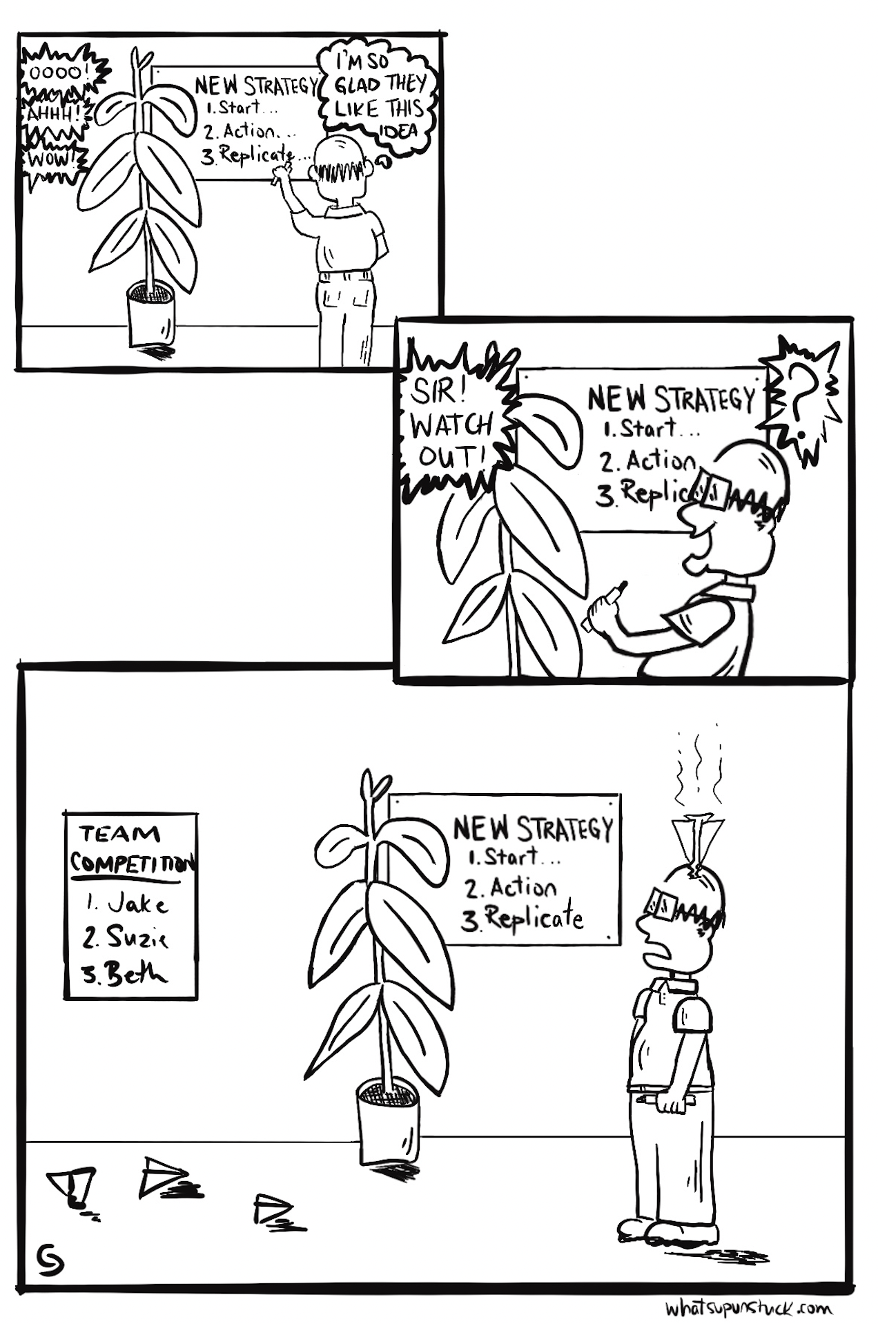 A black and white cartoon of a man standing next to a potted plant.