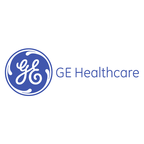 GE Healthcare logo with blue circle and stylized "GE" letters, and "GE Healthcare" text.