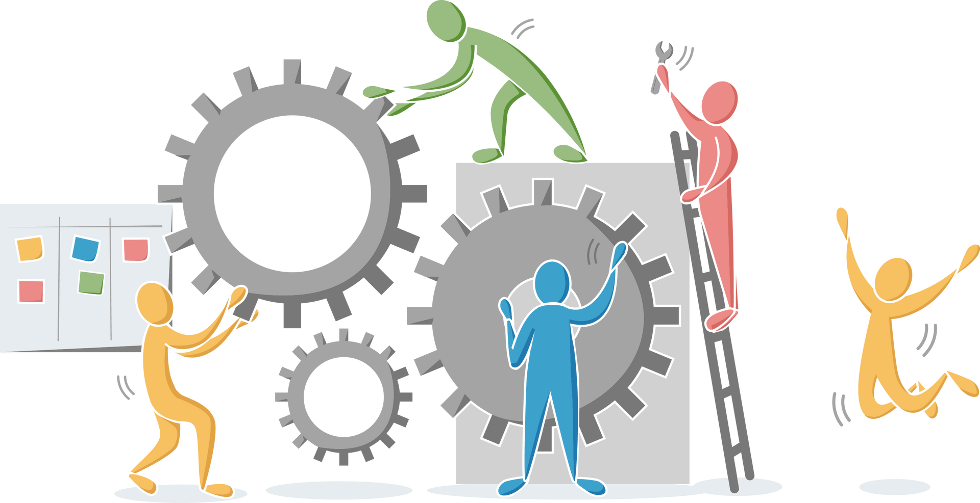 Team of colorful figures working on gears, planning and celebrating.