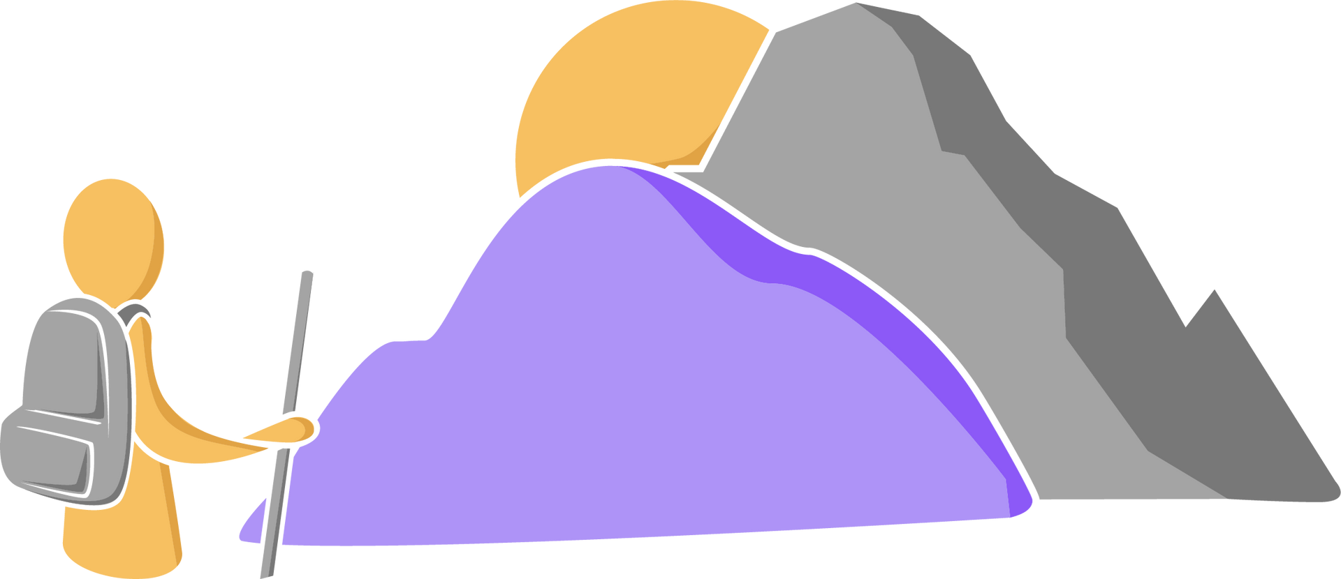 A hiker with a backpack and walking stick stands before a purple mountain range and a large yellow sun.
