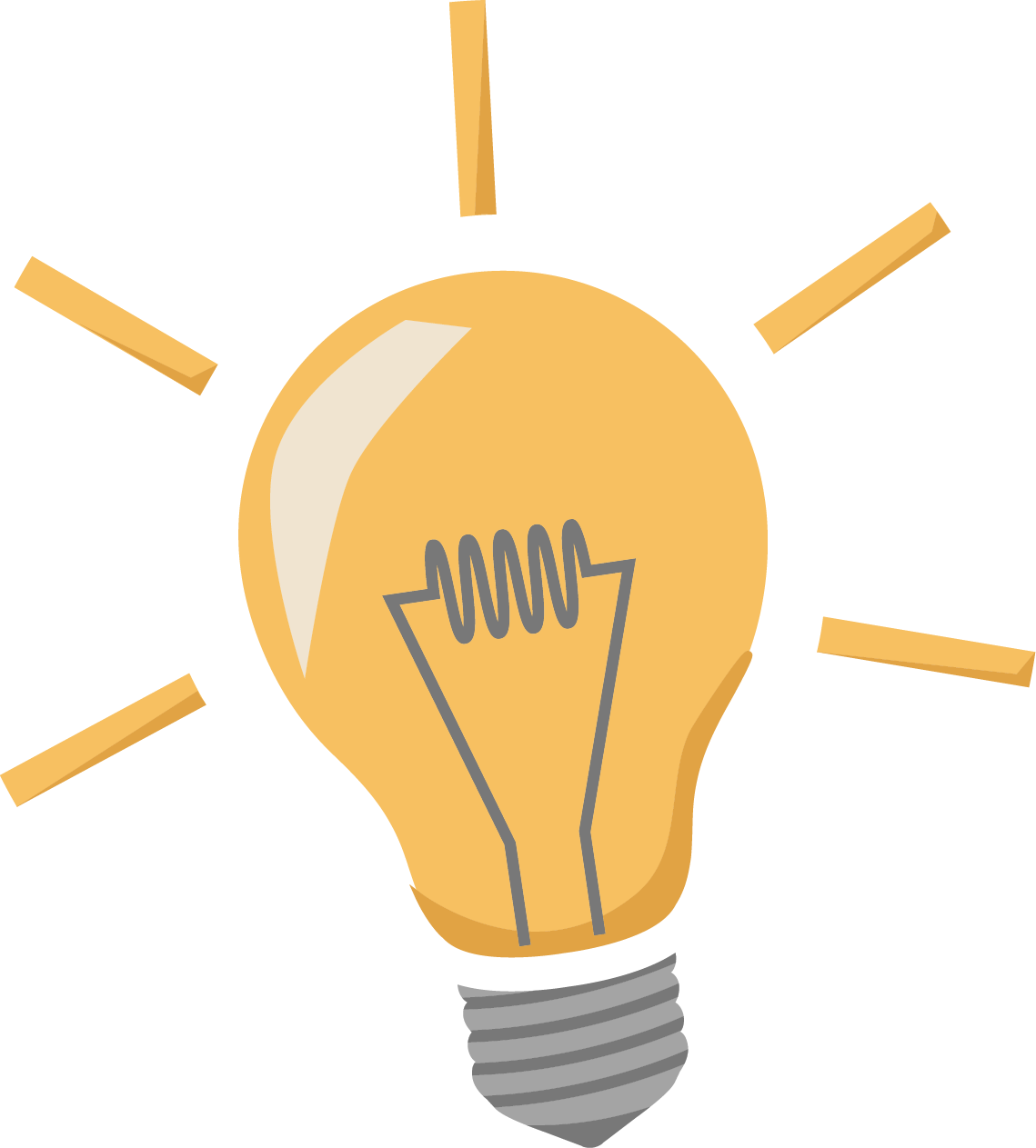Glowing yellow lightbulb with radiating rays.