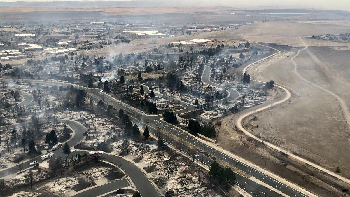 An aerial view of Lousiville, CO, following the Marshall Fire