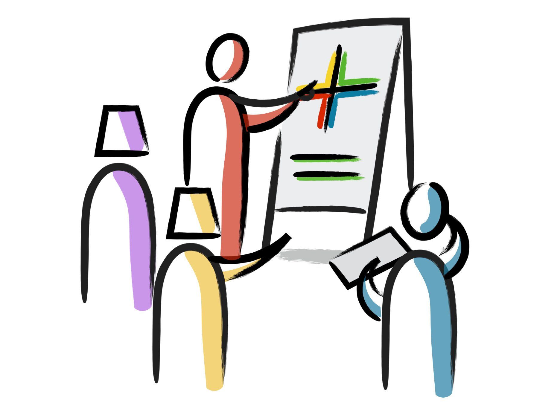 A cartoon of a man giving a presentation to two people.