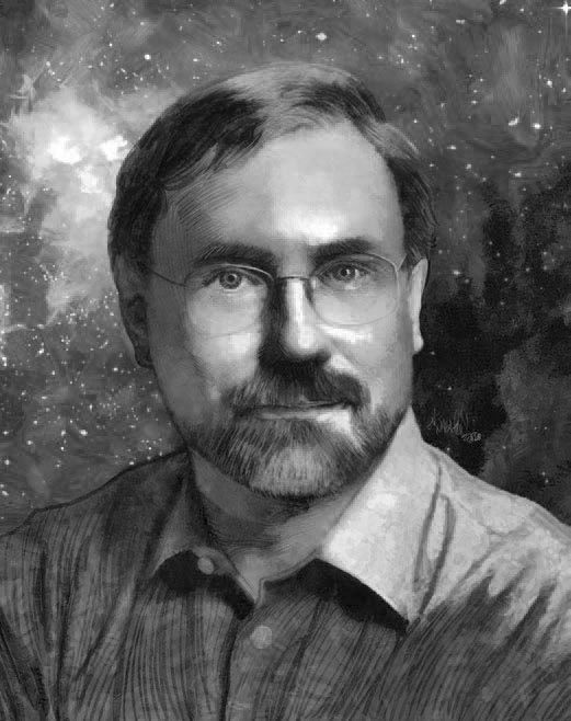 A black and white photo of a man with glasses and a beard.